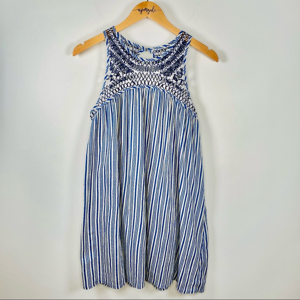 Ecote Sleeveless Boho Embroidered Crochet Striped Swing Dress Blue Cream Medium